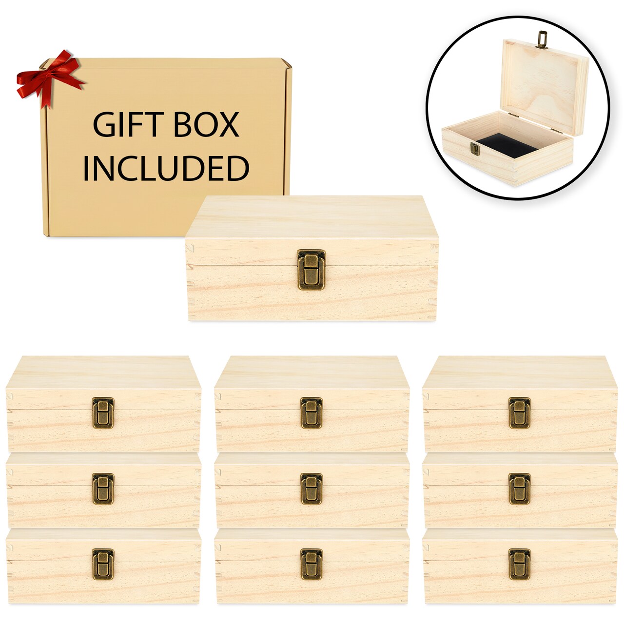 Makerflo Medium Pine Wood Memory Box with Black Felt Inside and Hinged with Clasp of Front, Keepsake Wooden Box Ideal for Craft and Personalization (Laser Engraving, Epoxy, UV DTF, and Vinyl)